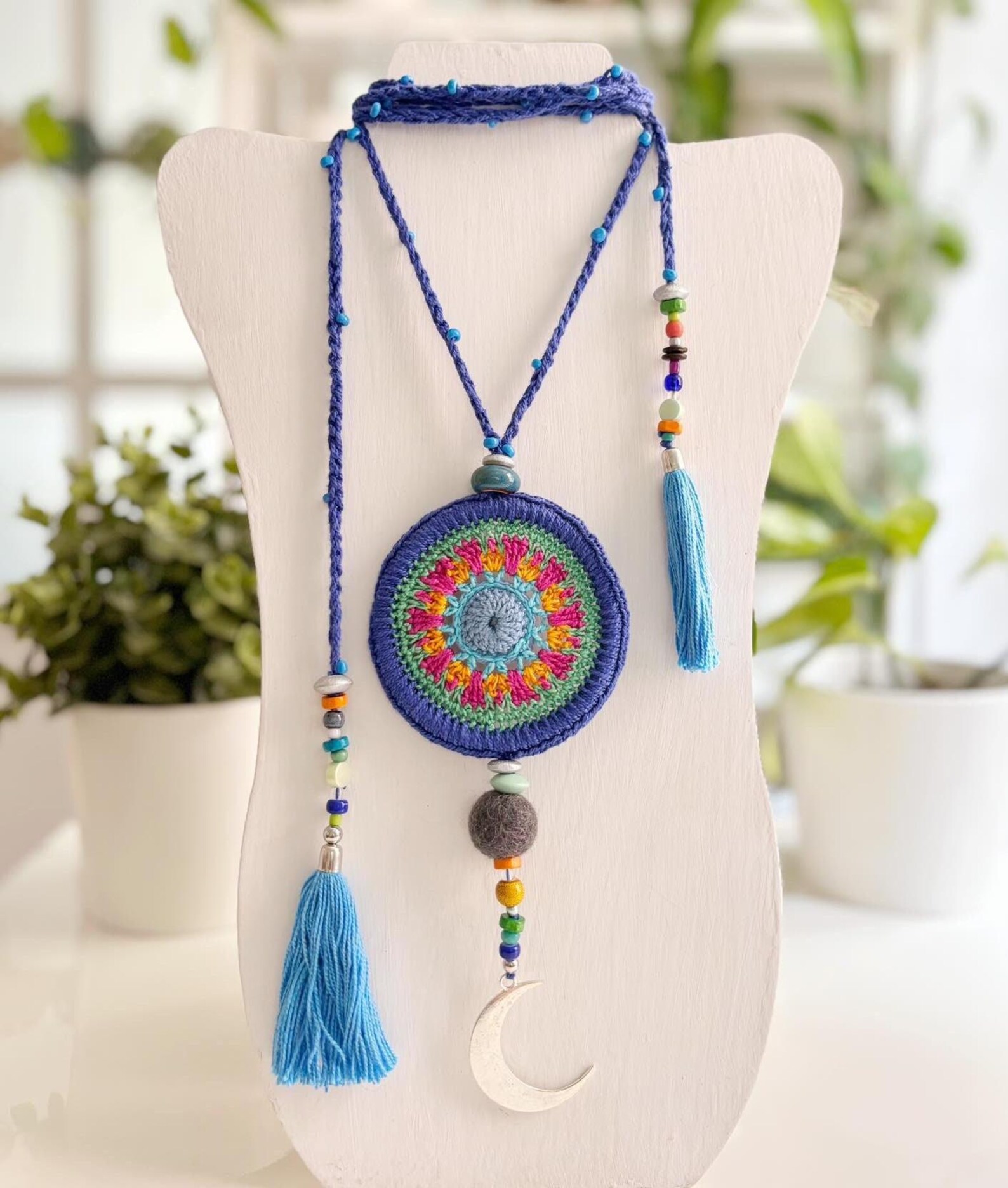 Blue Mandala Knitted Necklace, Handmade Necklace, Crochet Jewelry. Etsy