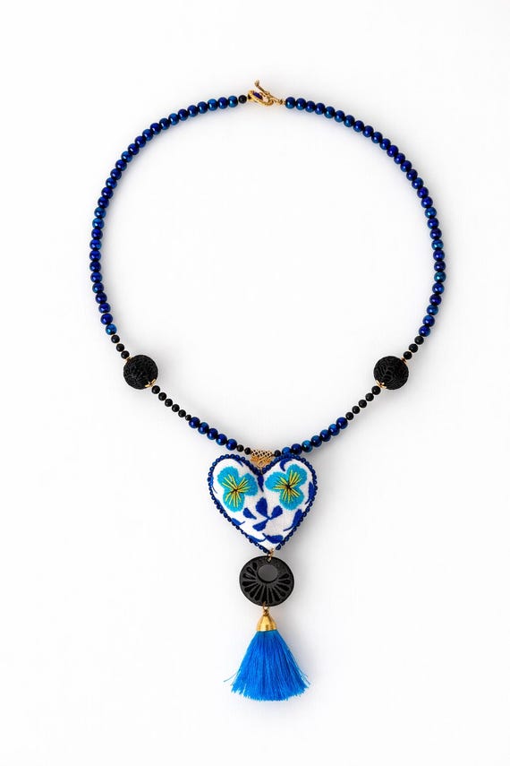 Hand Embroidered Heart Necklace | Barro Negro Black Clay Necklace