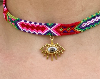 Chiapas Eye Choker. Handmade Choker Necklace, Knitted Mexican Necklace, Evil Eye Jewelry.