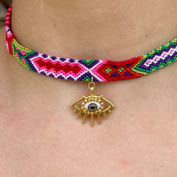 Chiapas Eye Choker. Handmade Choker Necklace, Knitted Mexican Necklace, Evil Eye Jewelry.