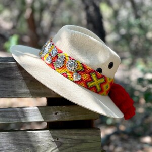 Cream boho straw fedora hat with Oaxacan textile band and Milagros-style heart accents by Bootsologie