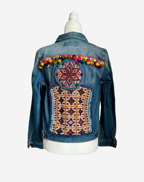 Women's Denim Jacket with Beaded Patches and Fringes - Handmade Unique Design - Ultimate Boho Style Gift, Jean Jacket.