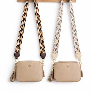 Bolso bandolera de piel auténtica con correa Wayuu, bolso bandolera estilo bohemio para cámara, 2 correas incluidas, correa ancha ajustable, regalo para mujer.