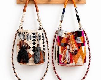 Sac à bandoulière Wayuu à deux sangles | Sac à mochila colombien fait main | Sac à main bohème Statement Hardware | Sac artisanal unique | Regalo Para Mujer