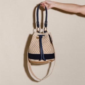 Unique Colombian Wayuu Crossbody Bag with Leather Top Handle in Navy.