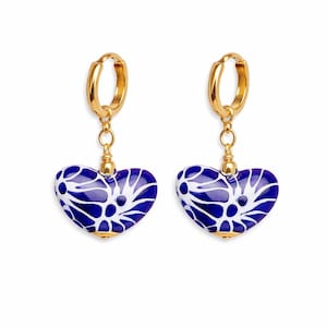 Talavera Heart Earrings Blue White | Handmade Mexican Ceramic Earrings | Boho Statement Jewelry | Artisan Folk | Regalo para Mujer.