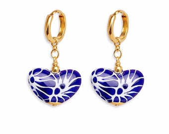 Talavera Heart Earrings Blue White | Handmade Mexican Ceramic Earrings | Boho Statement Jewelry | Artisan Folk | Regalo para Mujer.