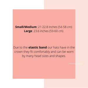 May include: Text on a pink background states hat sizes: Small/Medium 21-22.8 inches (54-58 cm), Large 23.6 inches (59-60 cm). The text explains the elastic band allows comfortable fit for many head sizes.