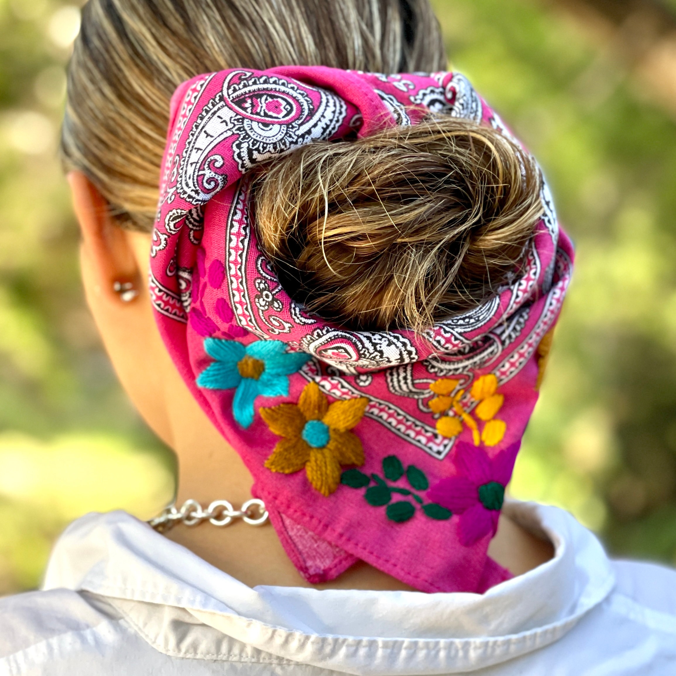 Handmade Embroidered Cotton Bandana: Floral Hair Accessory - Etsy