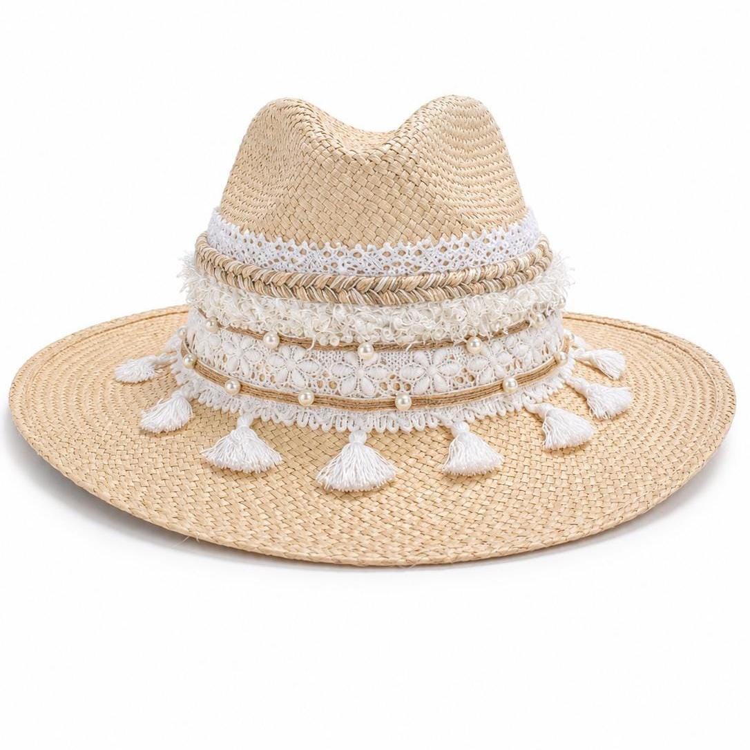 New Colombian Embellished Straw Flat Hat Size Large Boho Havana Panama Fedora - Straw Hat for Summer with Floral Band main image 4