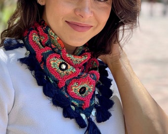 Silk Scarf, Embroidered Scarf, Embroidered Bandana, Handmade Bandana, Women’s Gift, Gifts for Her.