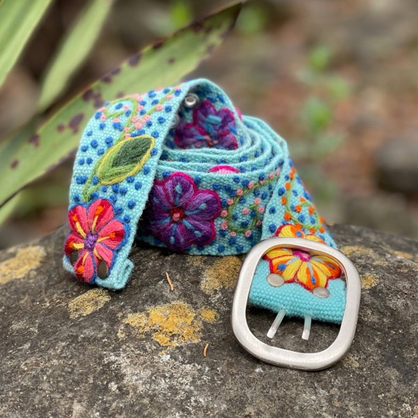 Turquoise Peruvian Woven Wool Belt with Floral Embroidery - Boho Style Handmade Accessory for Women - Unique Gift from Peru.