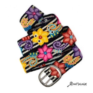 Peruvian Floral Embroidered Belt - Handmade Boho Style Accessory in Black and White Stripes - Perfect Gift for Women.