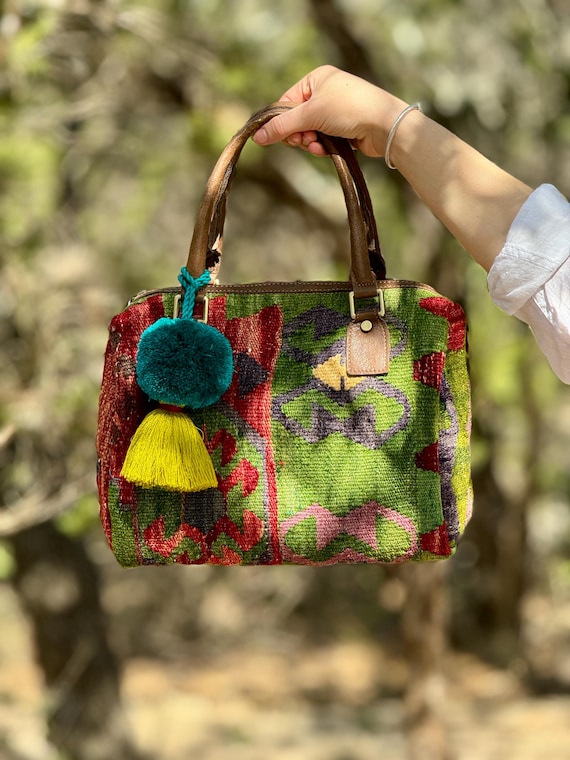 Kilim Bag, Top Handle Kilim Bag, Rug Bag, Textile Bag, Leather Bag, Women Bag.