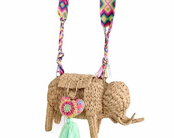Mexican Elephant Woven Straw Palm Handbag | Handwoven Oaxaca Strap | Handmade Boho Crossbody Bag | Regalo Para Mujer | Bootsologie