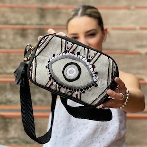Camera Bag, Leather Handbag, Handbag Purse, Crossbody Bag for Women, Evil Eye Embroidered Bag, Handmade Bag. Gifts for Her, Unique Handbag.