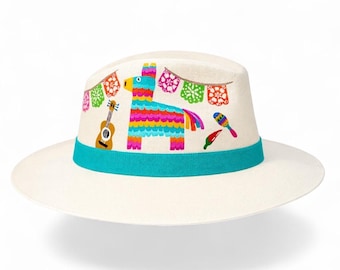 Hand Painted Mexican Fedora Hat, White Canvas with Colorful Fiesta Design