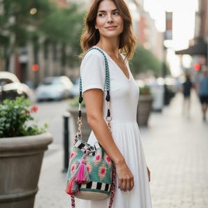 Wayuu Bag Crossbody Two Straps | Handmade Colombian Mochila Bag | Statement Hardware Boho Purse | Unique Artisan Bag | Regalo Para Mujer image 8