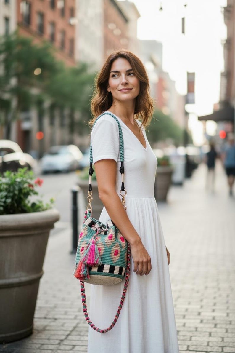 Wayuu Bag Crossbody Two Straps | Handmade Colombian Mochila Bag | Statement Hardware Boho Purse | Unique Artisan Bag | Regalo Para Mujer image 8
