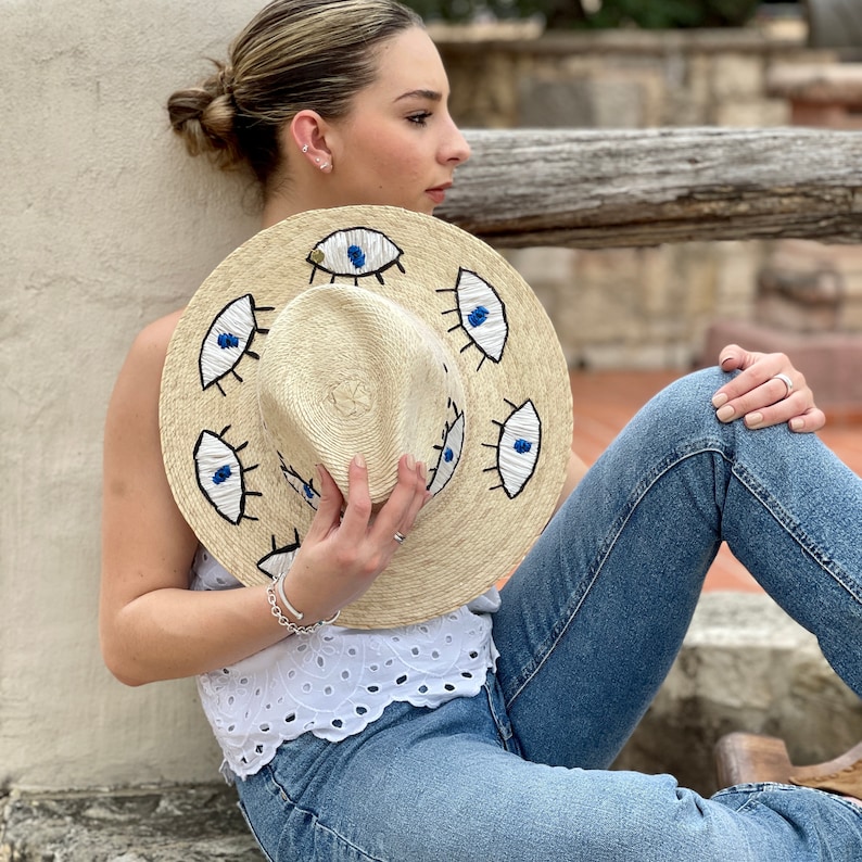 Embroidered Straw Hat, Palm hat, Fedora hat, Decorated hat, Summer hat, Women's Hat, Evil Eye Hat, Mexican Hat, Gifts for Her, Beach Hat. image 1