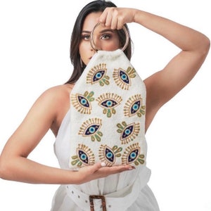 Unique Punch Needle Novelty Purse, Evil Eye Design, Wayuu Bridesmaid Clutch.