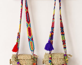 Handgefertigte Schweine Stroh Crossbody Tasche mit Top Griff, Bunte Doppelte Riemen gewebte Tier Geldbörse