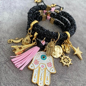 Conjunto de joias femininas artesanais Boho Charm Hamsa com pulseiras empilháveis em camadas da sorte.