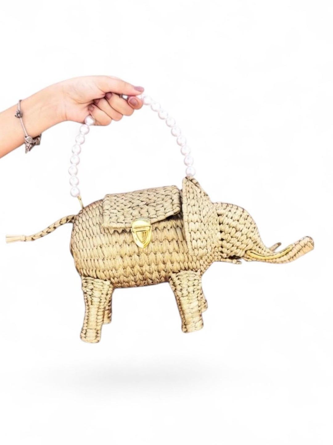Elephant Straw Clutch Bag Pearl Handle Boho Summer Wedding Bag