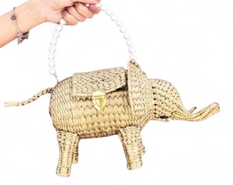 Elephant Straw Clutch Bag Pearl Handle Boho Summer Wedding Bag Woven Raffia Purse Formal Evening Bag Bootsologie