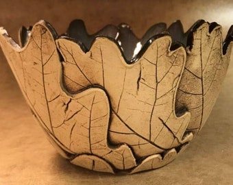Stoneware handbuilt oak leaf bowl