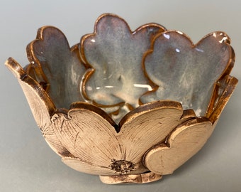 Handmade Stoneware Dogwood Bowl – Rustic Hand Built Pottery, Nature Inspired Ceramic, Unique Floral Gift