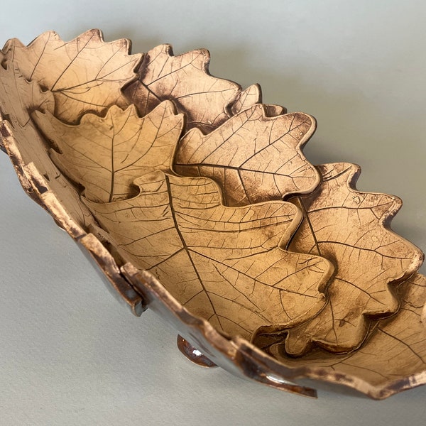 Stoneware handbuilt oak leaf bowl