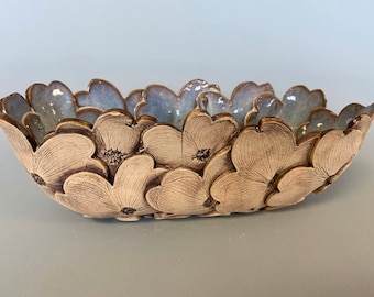 Handmade Stoneware Dogwood Bowl – Rustic Pottery Dish, Nature Inspired Ceramic Gift, Unique Floral Home Décor