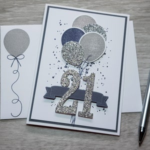21st Birthday Card, Gender Neutral Celebation Card, Greeting Card with Black and Grey Balloon Design. Grey