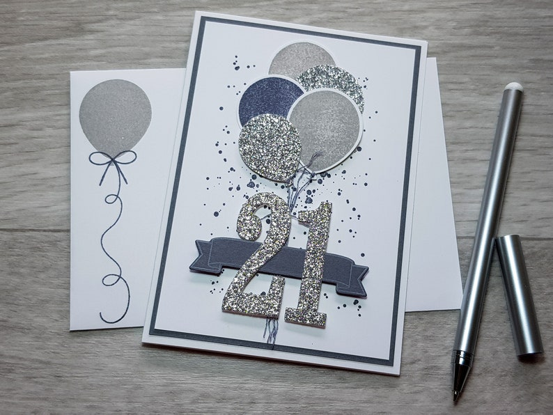 21st Birthday Card, Gender Neutral Celebation Card, Greeting Card with Black and Grey Balloon Design. Grey