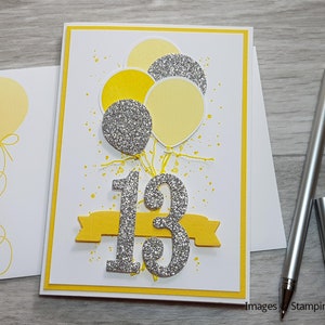 12th Birthday Card, Gender Neutral Celebation Card, Greeting Card with Green Balloon Design. Gelb