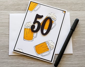 50th Birthday Greeting Card, Handmade Birthday Card for Man, Fiftieth Birthday Card with Beer Design.