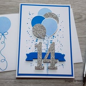 12th Birthday Card, Gender Neutral Celebation Card, Greeting Card with Green Balloon Design. Blau