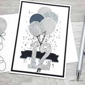 17th Birthday Card, Gender Neutral Celebration Card, Greeting Card with Purple Balloon Design. Black