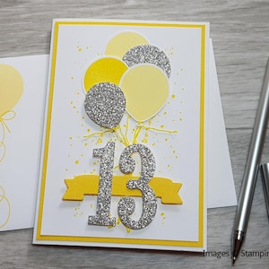 17th Birthday Card, Gender Neutral Celebration Card, Greeting Card with Purple Balloon Design. Yellow
