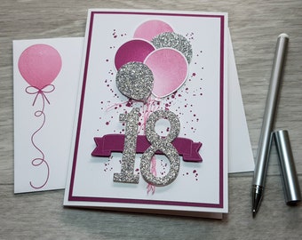 18th Birthday Card, Gender Neutral Celebation Card, Greeting Card with Dark Pink Balloon Design.