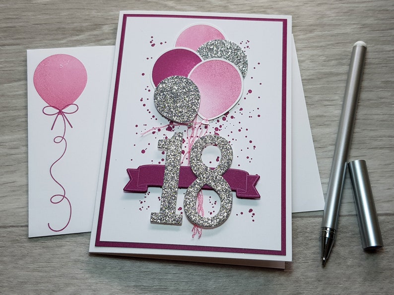 18th Birthday Card, Gender Neutral Celebation Card, Greeting Card with Dark Pink Balloon Design. Dark Pink