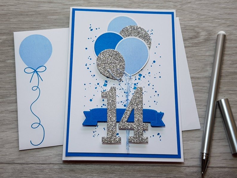 14th Birthday Card, Gender Neutral Celebation Card, Greeting Card with Blue Balloon Design. image 1