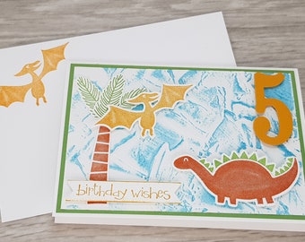 Dinosaur 5th Birthday Card, Apatosaurus Birthday Card, Stegosaurus Birthday Card, Pterodactyl Birthday Card for Child, Fifth Birthday Card.