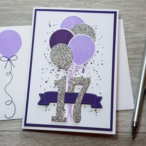 17th Birthday Card, Gender Neutral Celebration Card, Greeting Card with Purple Balloon Design. Purple