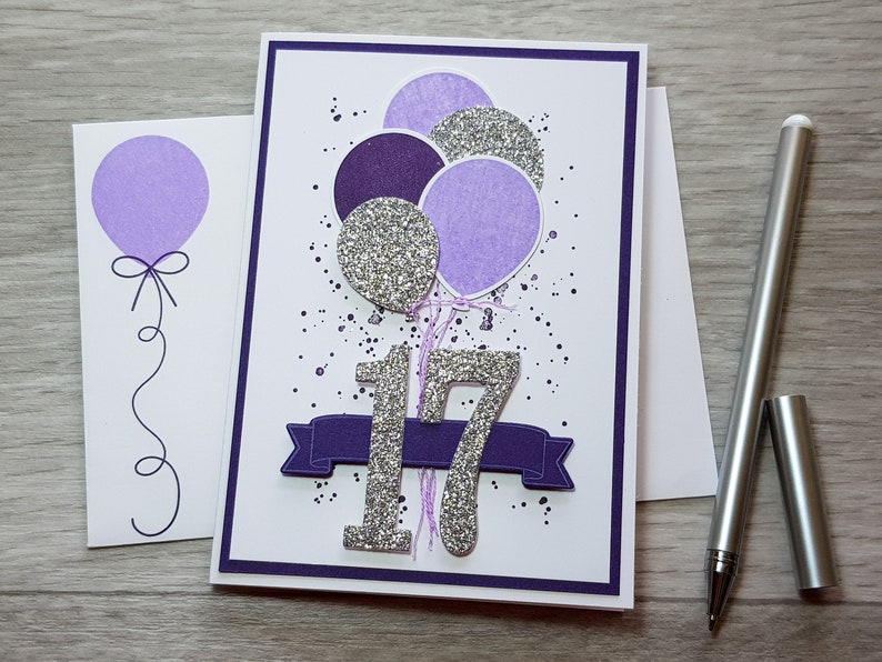 17th Birthday Card, Gender Neutral Celebration Card, Greeting Card with Purple Balloon Design. Purple