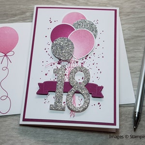 12th Birthday Card, Gender Neutral Celebation Card, Greeting Card with Green Balloon Design. Dark Pink