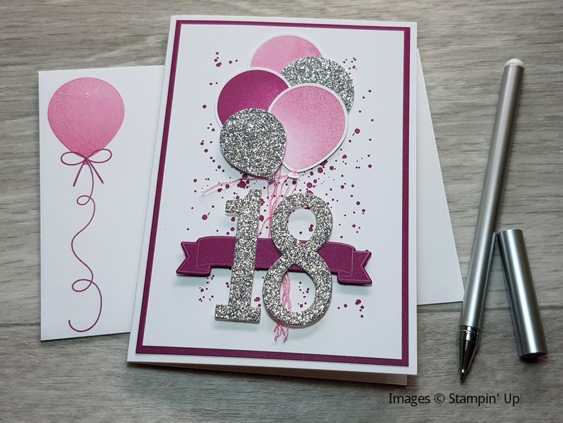 17th Birthday Card, Gender Neutral Celebration Card, Greeting Card with Purple Balloon Design. Dark Pink