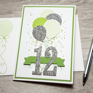 12th Birthday Card, Gender Neutral Celebation Card, Greeting Card with Green Balloon Design. Grün