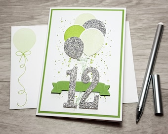 12th Birthday Card, Gender Neutral Celebation Card, Greeting Card with Green Balloon Design.